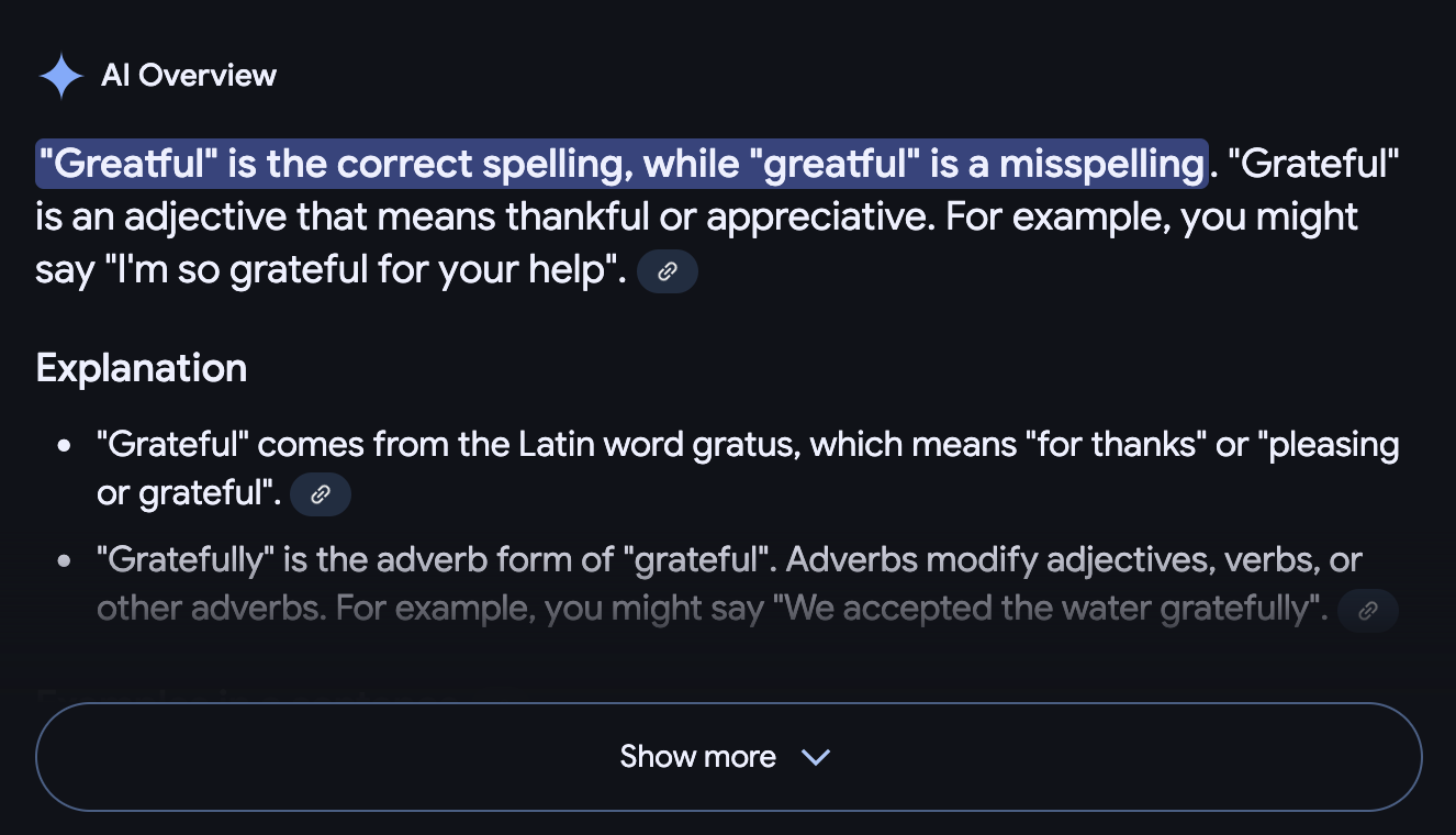 Google Incorrectly Telling Me How To Spell Grateful